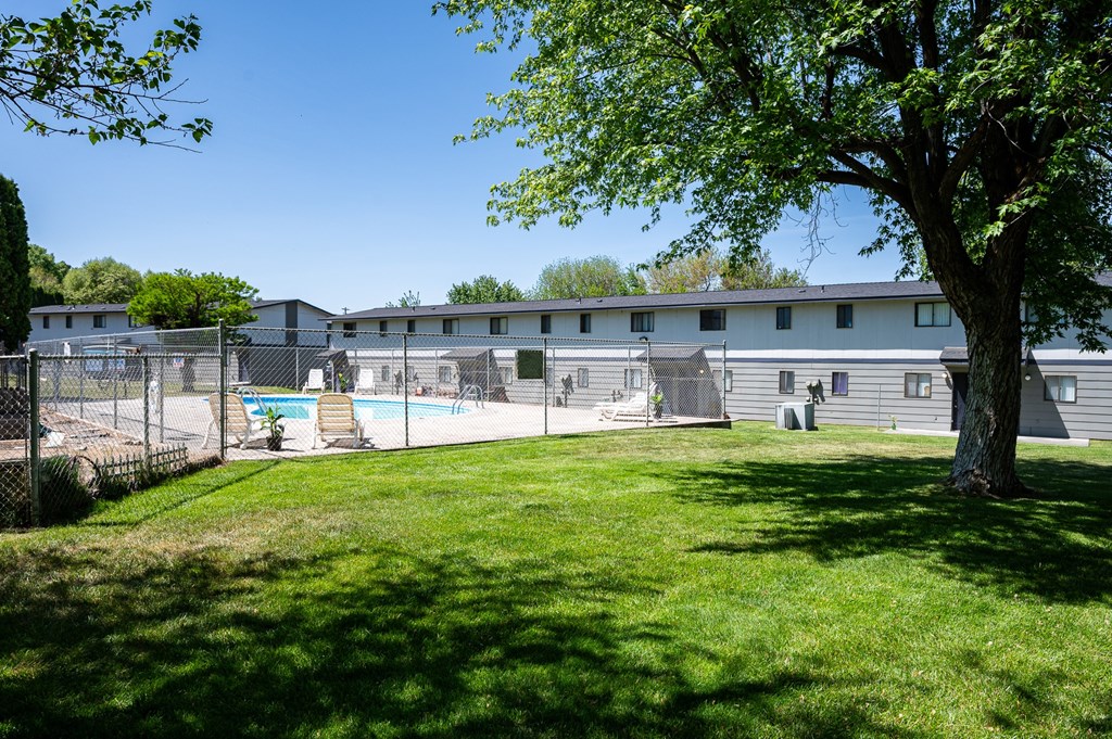 A large tree is in the foreground of a grassy area in front of a building.