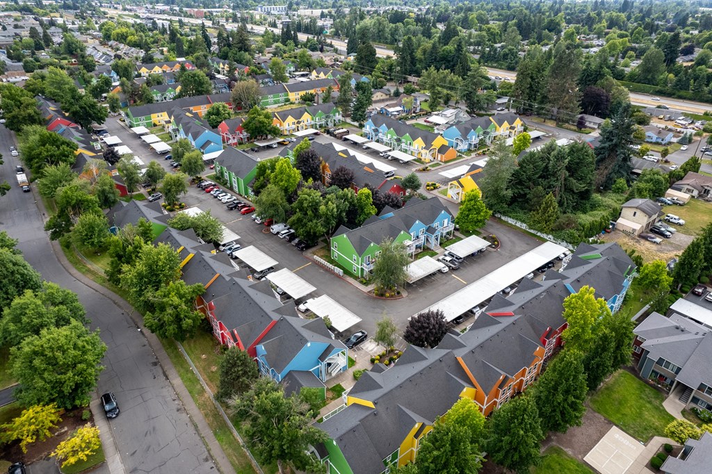 arial view of a neighborhood with colorful houses