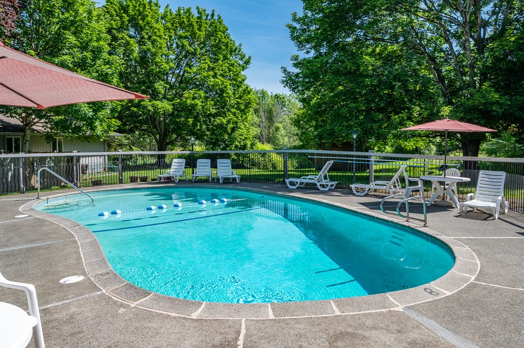 a resort style pool with chairs and umbrellas and trees
