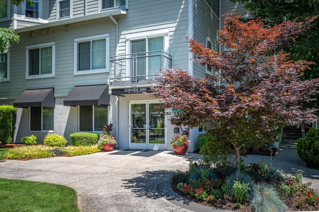 a view of the front of the building with a tree and potted plants in front of