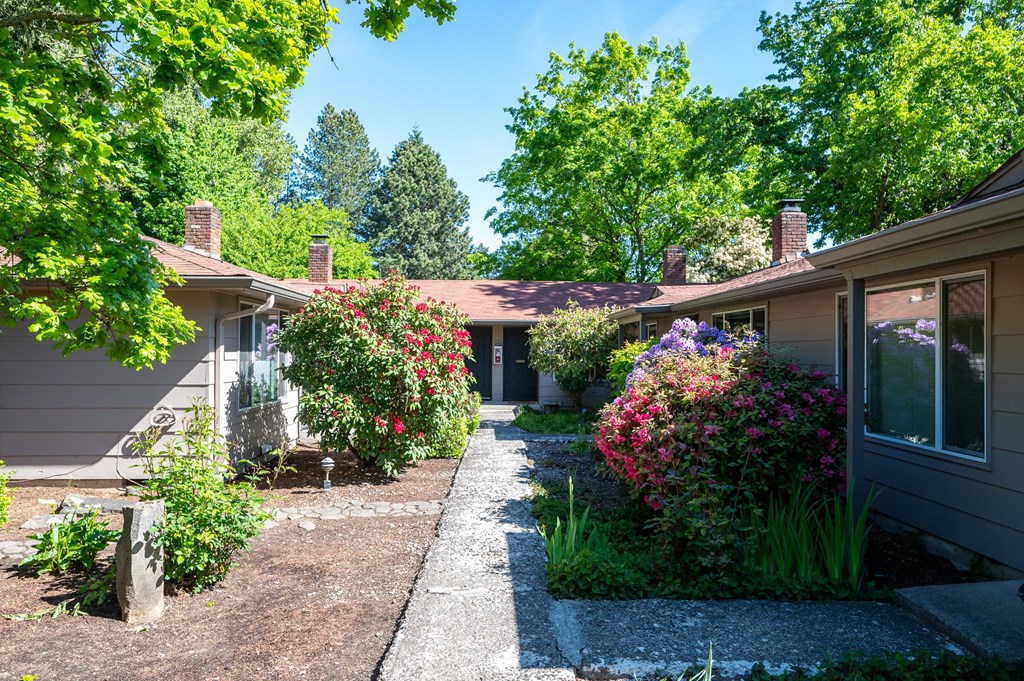 the front yard of a house with a garden and trees