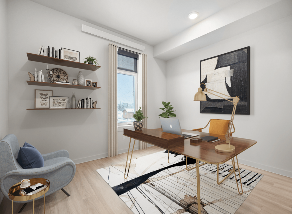 a home office with a desk and a large window