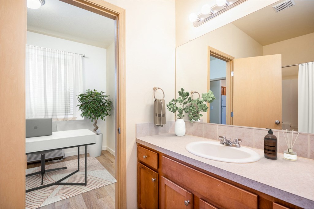 a bathroom with a sink and a mirror and a laptop on a table