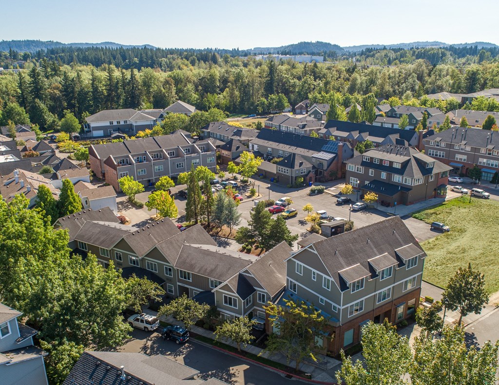 an aerial view of a neighborhood with houses and trees