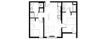 a floor plan 2 bed C with a staged furniture