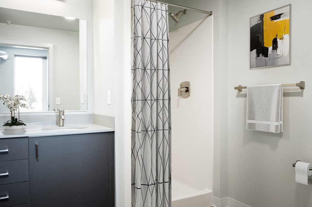A bathroom with a white sink and a grey cabinet.