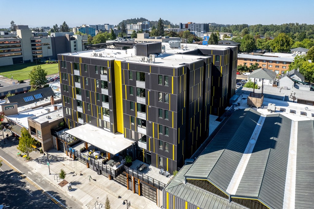an aerial view of fock13 apartment building in Eugene, Oregon