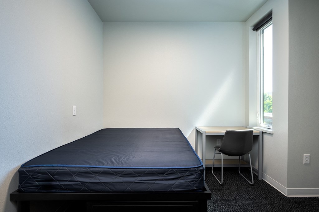 a bedroom with a bed and a desk and a window