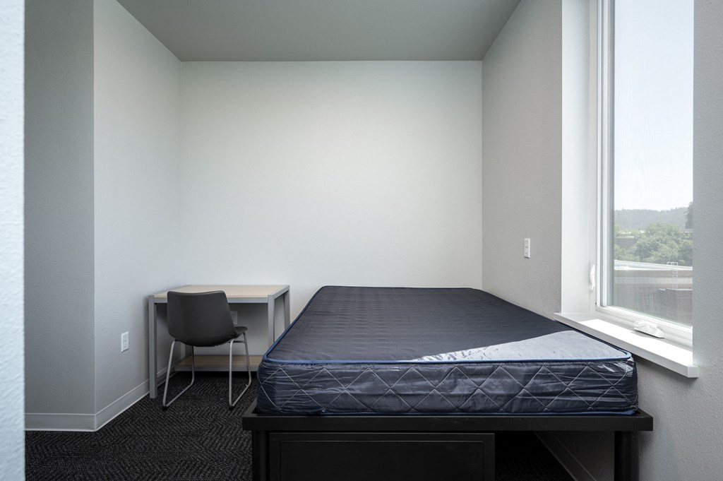 a bedroom with a bed and a desk and a window