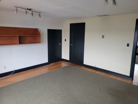 A room with a grey carpet and two black doors.