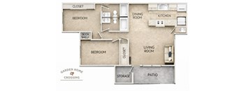 A floor plan of a house with a living room, dining room, kitchen, two bedrooms, a bathroom, a pantry, a storage area, and a patio.