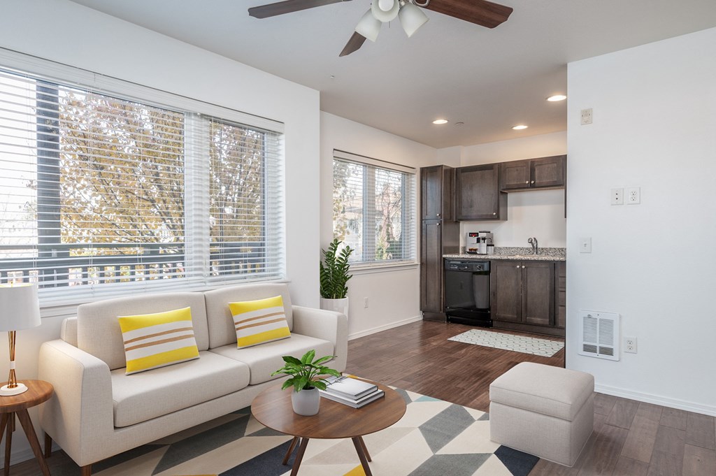 a living room with a couch and a table