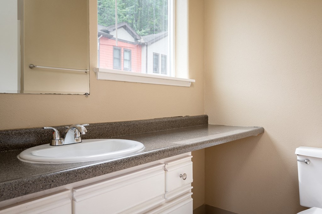 a bathroom with a sink and a mirror and a window