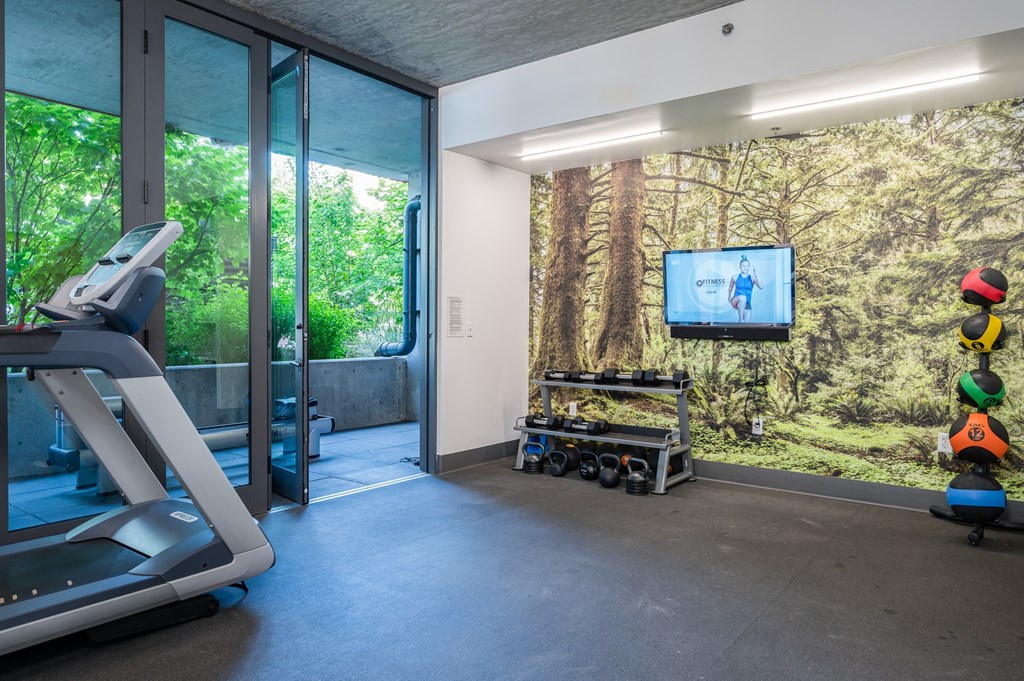 a gym with a tv and exercise equipment
