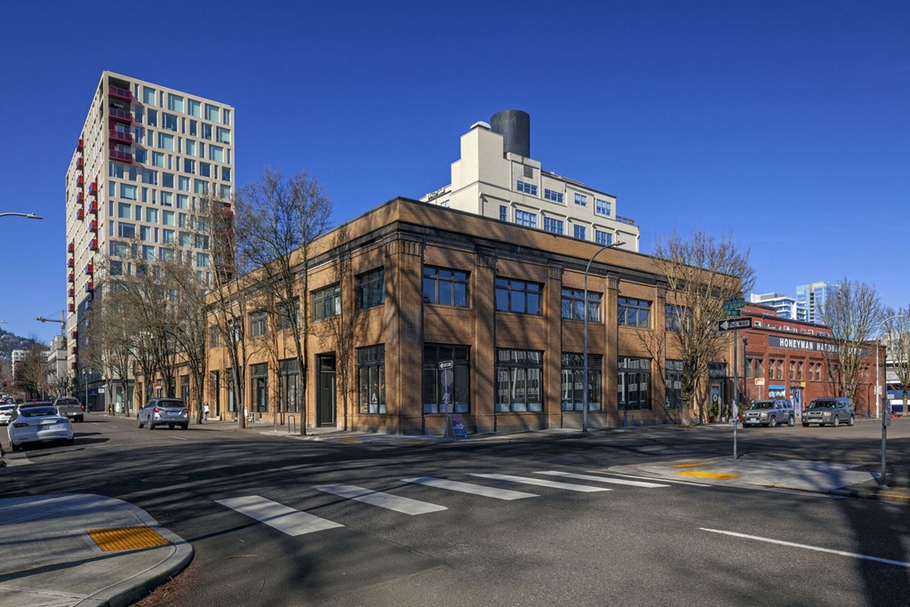 a building on the corner of a city street