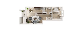 a bedroom with a bed and a living room