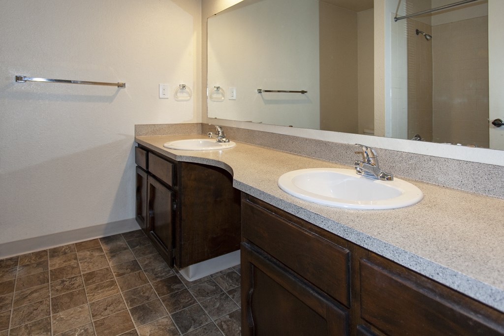 a bathroom with two sinks and a large mirror