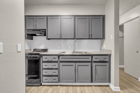 a kitchen with gray cabinets and a sink and a stove