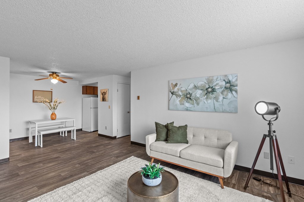 a living room with a couch and a ceiling fan