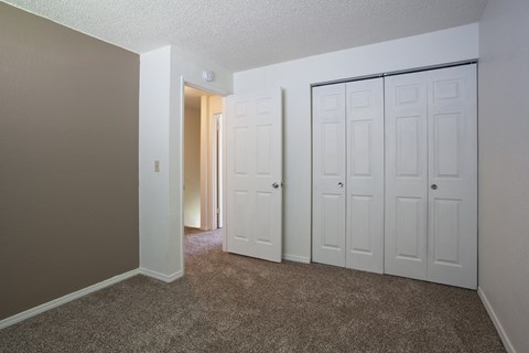 a bedroom with two closets and a door to a hallway