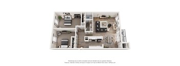 A 3D floor plan of a house with a kitchen, living room, and two bedrooms.
