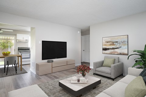 a living room with a couch and a chair and a television