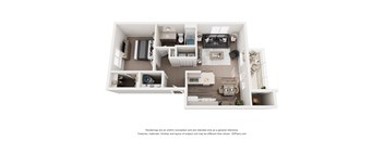 A 3D floor plan of a small apartment with a kitchen, living room, and bedroom.