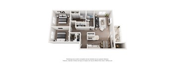 A 3D floor plan of a small apartment with two bedrooms, a living room, and a kitchen.