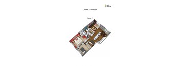 A 3D floor plan of a two bedroom apartment.