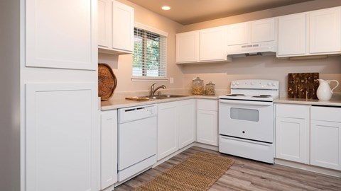 A white kitchen with a stove top oven and a dishwasher.