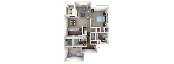 a stylized floor plan with a bedroom and a living room