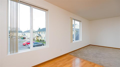 a living room with large windows and a rug