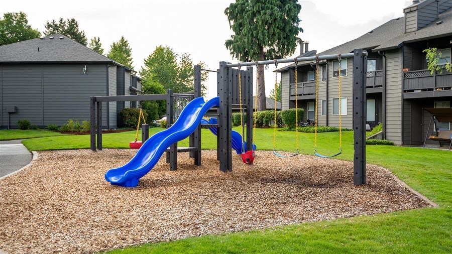 a playground with a blue slide and monkey bars