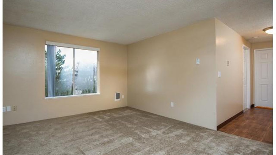 an empty living room with a large window