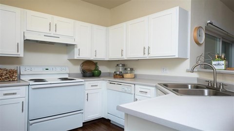 a white kitchen with white cabinets and a sink