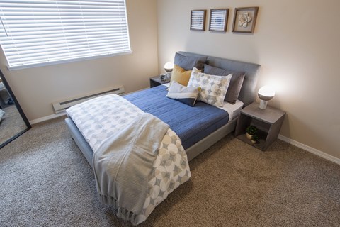 A bedroom with a bed, nightstand, and window.