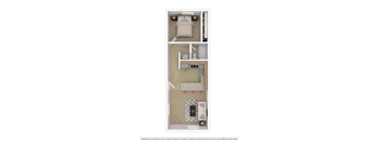 A diagram of a small apartment with a bedroom and a kitchen.