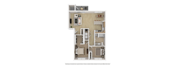 A floor plan of a small apartment with a kitchen, living room, and two bedrooms.