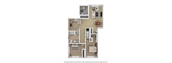 A 3D rendered image of a small apartment layout.