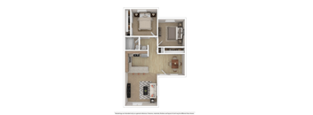 A floor plan of a small apartment with a kitchen, living room, and two bedrooms.
