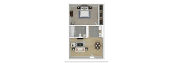 A 3D rendered image of a small apartment layout.