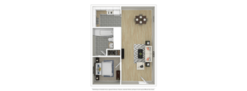 A top down view of a small apartment with a kitchen, bathroom and living room.