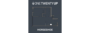 A floor plan of a horseshoe-shaped building layout.