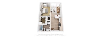 A 3D floor plan of a small apartment with a kitchen, living room, and bathroom.