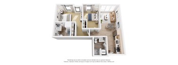 A 3D floor plan of a small apartment with a kitchen, living room, and bedroom.