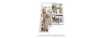 A 3D floor plan of a small apartment with a kitchen, living room, and bathroom.