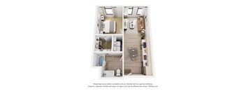 A floor plan of a small apartment with a kitchen, living room, and bathroom.