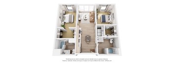 A 3D floor plan of a house with a kitchen, living room, and two bedrooms.