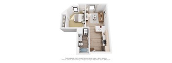 A 3D floor plan of a house with two bedrooms, a living room, a kitchen, and a bathroom.