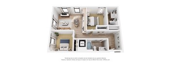 A 3D floor plan of a small apartment with a kitchen, living room, and bathroom.